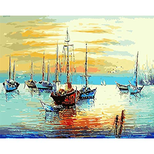 AFSZHWLP Barcos de Pesca en el Muelle Pintura Hecha a Mano Lienzo Hermosa Pintura por números Regalo Sorpresa Gran Logro