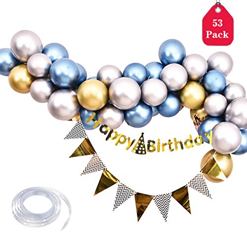 Amycute 53 pcs Globos Metalizados de Látex, Globos de Azul Platas Oro Guirnalda Bandera Triangular Happy Birthday Banner para Fiesta de Cumpleaños, Bodas, Decoración con Cadena de Globos