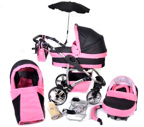 Baby Sportive - Sistema de viaje 3 en 1, silla de paseo, carrito con capazo y silla de coche, RUEDAS GIRATORIAS y accesorios, color negro, rosa