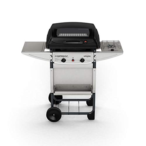 Campingaz Expert Deluxe Barbacoa gas piedra volcanica, parrilla gas con dos quemadores compactos y quemador lateral, 7 kW de potencia, parrilla de acero y mesas laterales