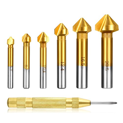 Estmoon 6 Pcs Avellanador 90°HSS Juego de Punzón central automático Ø 6,3mm ~ 20,5mm avellanadora de biselado para madera metal cambio rápido Bit