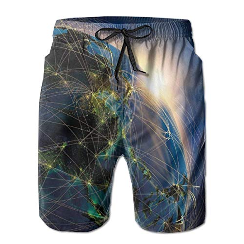 EU Hombres Adolescentes Bañador Shorts de Playa de Secado rápido Pantalones Ajustados con cordón Vivid Globe of World in Space Medium