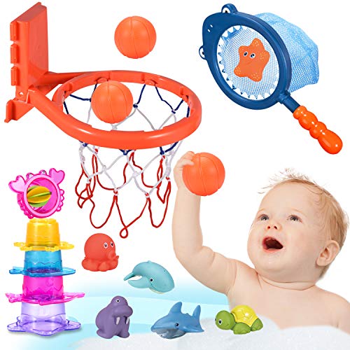 Joyjoz Juguetes Bañera Bebe , Juego de aro de Baloncesto y Pelotas con Red de Pesca, 3 Pelotas, 6 Animales Marinos Squirter, 5 Tazas Apilables, Kit de Juguetes de Baño para Niños