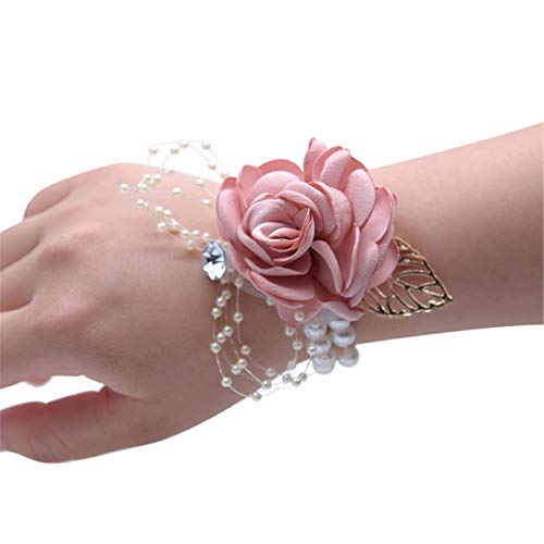 Juego con pulsera ramillete de rosas y de diamante con cinta flor baile de boda (Rosa)