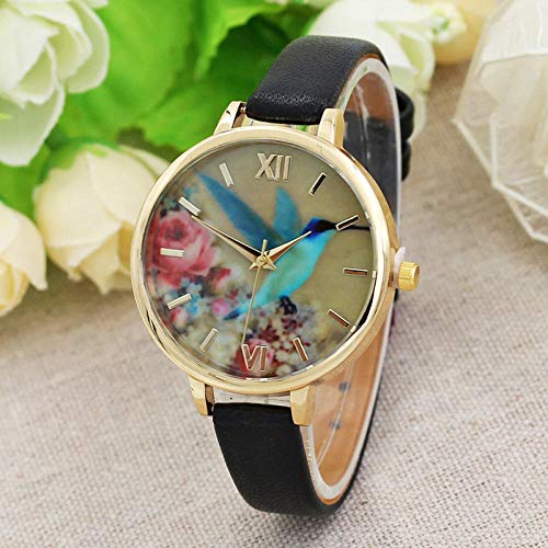 Reloj de Mujer Reloj Fino con patrón de colibrí Esfera Grande pájaro Azul Modelo Femenino simulación Reloj de Cuarzo Moda Simple Negro