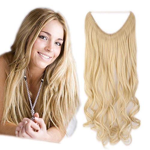 20"(50cm) Extensiones de Cabello Natural con Hilo Invisible Sin Clip Pelo Sintético Se Ve Natural Una Pieza Postizos Pelucas Rizadas Onduladas (90g,Blanqueador Rubio)