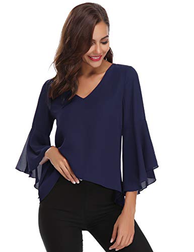 Abollria Camisa de Gasa para Mujer 3/4 Mangas Elegante Blusa Chiffon Cuello V Ligera Mangas Acampanadas Primavera Verano Otoño, Azul Real, L