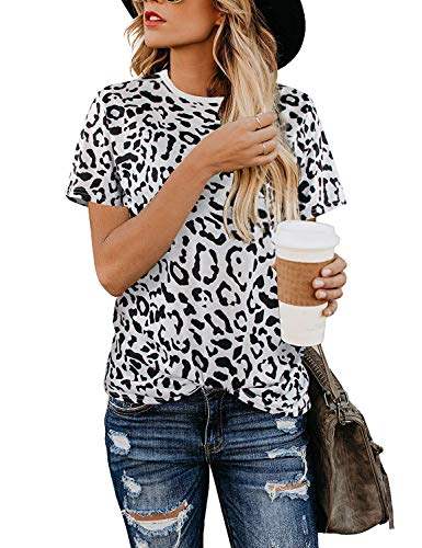 Aranmei Blusa de Mujer Camisa Estampado de Leopardo Cuello Redondo Manga Corta Camisetas de Gasa Tops (Leopardo 1 Blanco, Large)