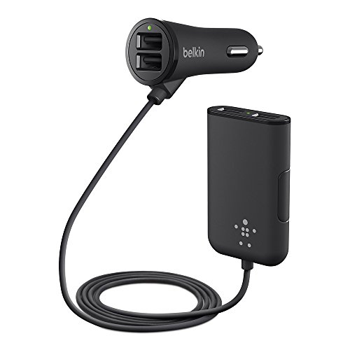 Belkin Road Rockstar - Cargador de coche USB 2.0 de 4 puertos, 2 puertos 2.4 A de frente compartido y 2 puertos 2.4 A cada uno en la parte posterior, para smartphones y tabletas, negro