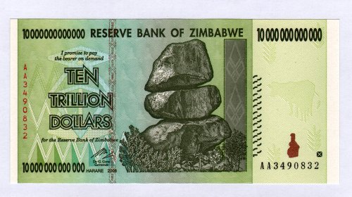 Billete de 10 trillones de dólares de Zimbabue