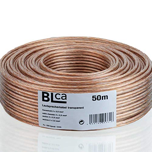 BLCA – 50m - 2 x 2.5mm² - Cable para Altavoces – Cable CCA para Altavoces, Adecuado parapara receptores, Sistemas estéreo, Audio y HiFi, Transparente