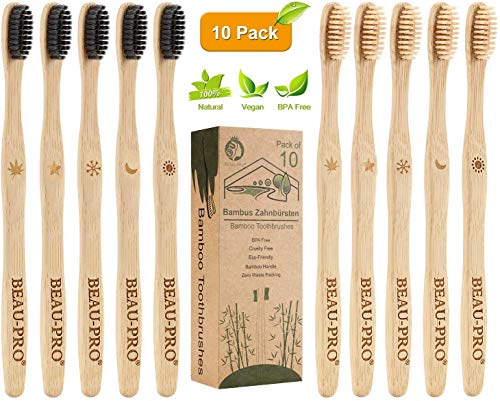 Cepillo Dientes Bambu, Paquete de 10 Cepillos de Dientes, 5 cepillo de carbón bambú y 5 cepillo de fibra bambú, 100% Libre de BPA, Cepillos de Dientes Naturales y Veganos para Una Mejor Limpieza