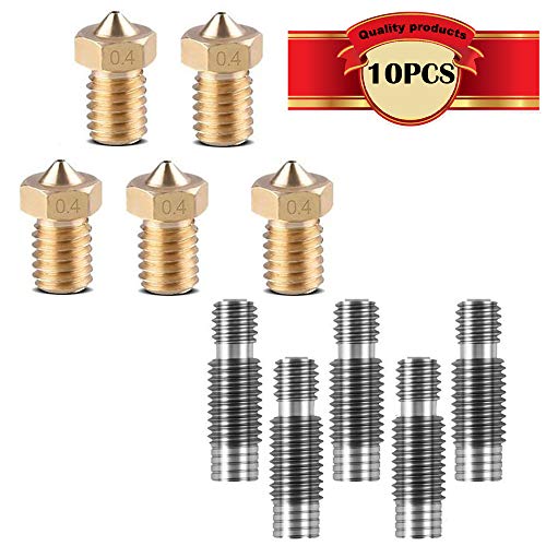 CESFONJER 10 pc/set: 5 piezas 1.75mm boquillas de acero inoxidable garganta con tubo de PTFE + cabezales de impresión boquilla extrusora de 5 mm 0.4mm, para impresora V6 Makerbot 3D