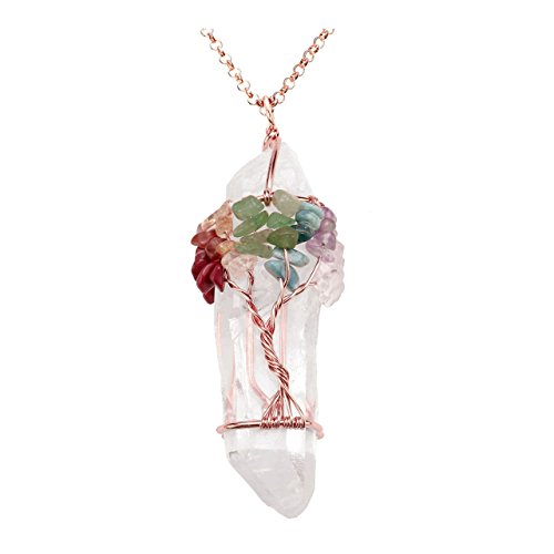 Collar con colgante de 7 chakras con piedra amatista de cristal transparente envuelto en alambre con piedras de cuarzo de Jovivi