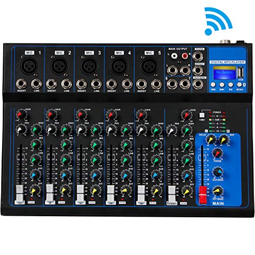 Depusheng 7 canales USB Micrófono digital Consola mezcladora de sonido 48V Phantom Power Amplificador profesional de mezclador de audio Karaoke con Bluetooth