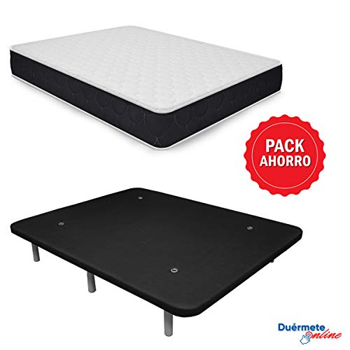 Duérmete Online Pack Ahorro Colchón Viscoelástico Pocket Visco + Base Tapizada 3D Reforzada 5 Barras de Refuerzo y Válvulas de Ventilación con 6 Patas, Negro, 105x200