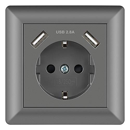 Enchufe Gris 2.8A Schuko Enchufe de pared con USB Toma Corriente pared Enchufe Empotrado Superficie para Cocina, Dormitorio, Oficina, Hotel, etc