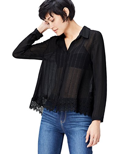 find. Blusa Semitrasparente con Bajo de Encaje para Mujer , Negro (Black), 38 (Talla del Fabricante: Small)