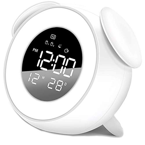 HUBi Kids - Reloj despertador para niños, varios sonidos de alarma al amanecer y al atardecer con función de repetición, control de presión, luz nocturna para dormitorios