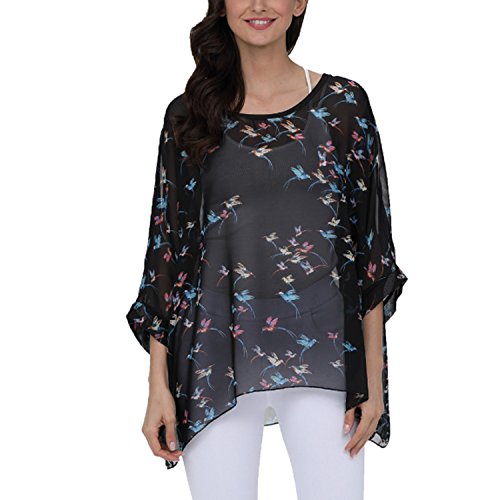 JLTPH - Blusa ancha de gasa, manga larga murciélago, con motivos florales, estilo bohemio Coloura50 Taille unique