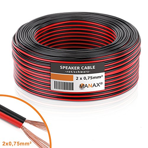 Manax – Cable de altavoz (2 x 0,75 mm²), CCA, Rojo/Negro, Rollo de 25 m