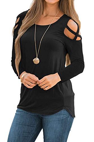 Martiount Camisetas de Manga Larga para Mujer Hombro Frío Blusas con Cuello Redondo Top de Otoño Camisa Elegante Casual T-Shirt Black XXL