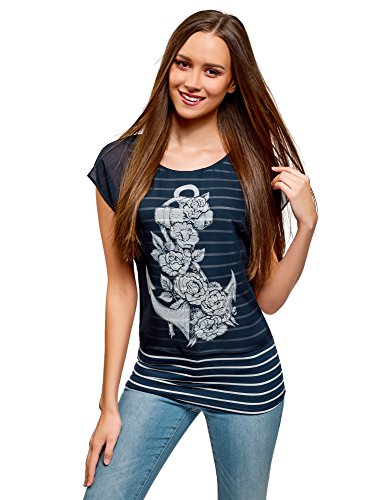 oodji Collection Mujer Blusa Combinada con Estampado, Azul, ES 46 / XXL