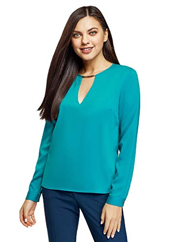 oodji Collection Mujer Blusa con Escote Gota y Decoración Metálica, Turquesa, ES 38 / S