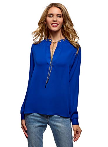 oodji Collection Mujer Blusa de Tejido Fluido con Decoración Metálica, Azul, ES 44 / XL