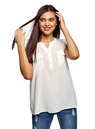 oodji Collection Mujer Blusa de Viscosa con Bolsillos en el Pecho, Blanco, ES 36 / XS