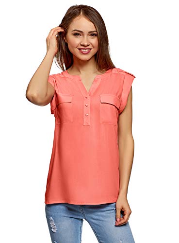 oodji Collection Mujer Blusa de Viscosa con Bolsillos en el Pecho, Rosa, ES 38 / S