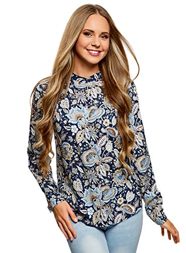 oodji Collection Mujer Blusa de Viscosa Estampada con Cuello Mao, Azul, ES 42 / L