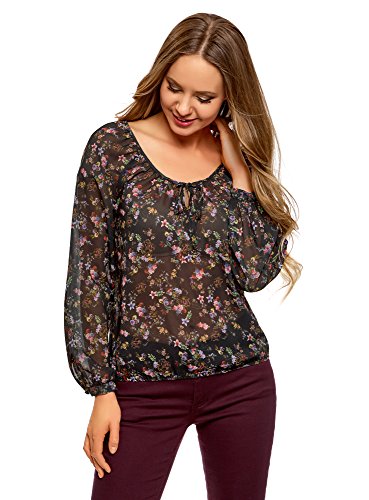 oodji Collection Mujer Blusa Estampada con Lazos, Negro, ES 40 / M