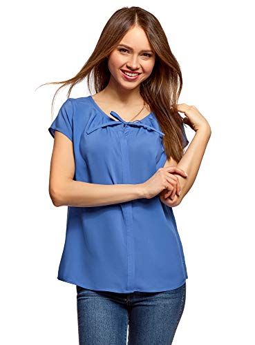 oodji Ultra Mujer Blusa Ancha con Lazo, Azul, ES 38 / S