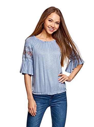 oodji Ultra Mujer Blusa de Punto con Bordado en Las Mangas, Azul, ES 40 / M