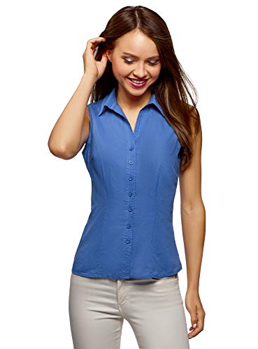 oodji Ultra Mujer Camisa Básica sin Mangas, Azul, ES 34 / XXS