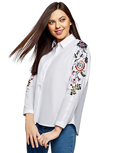 oodji Ultra Mujer Camisa de Algodón con Bordado, Blanco, ES 44 / XL