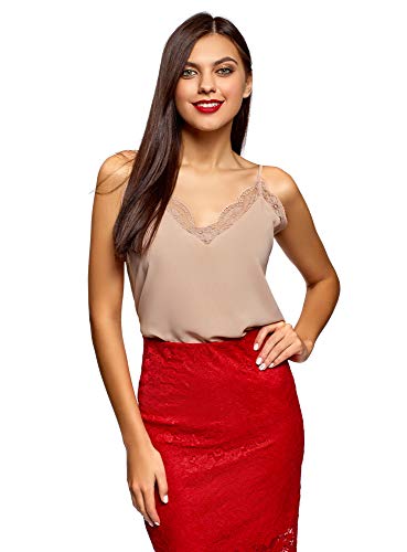 oodji Ultra Mujer Top de Estilo Ropa Interior con Bordes de Encaje, Beige, ES 36 / XS