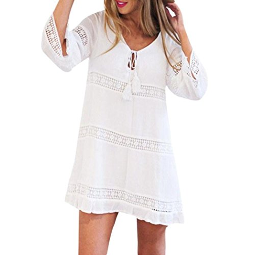 Overdose Vestido Corto De Manga Corta Boho Beach Boho Beach con Encaje De Tres Cuartos para Mujer (M, Blanco)