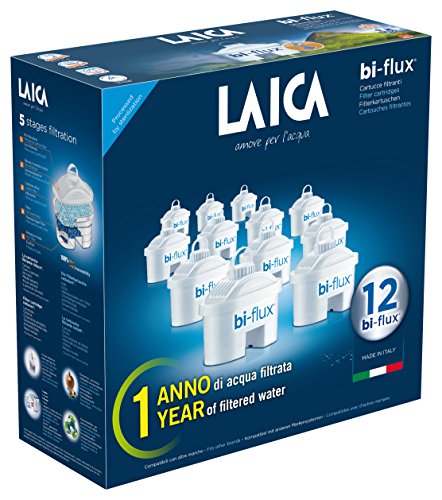 Pack de 12 filtros bi-flux que mejoran el sabor del agua, reducen la cal y el cloro, compatibles con las jarras Laica y Brita entre otras. Cada filtro dura 150 litros o 1 mes.