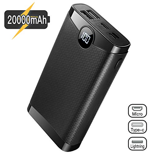 POSUGEAR Powerbank 20000mAh, Bateria Externa para Movil con 3 Entradas de USB C/Micro/L ightning, 2 Salidas y Pantalla LED Compatibles con Todos Los Teléfonos y Tabletas…