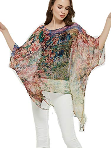 prettystern 100% Seda Poncho túnica Kimono Verano Blusa Beach Top Abrigo Claude Monet House Debajo de Las Rosas