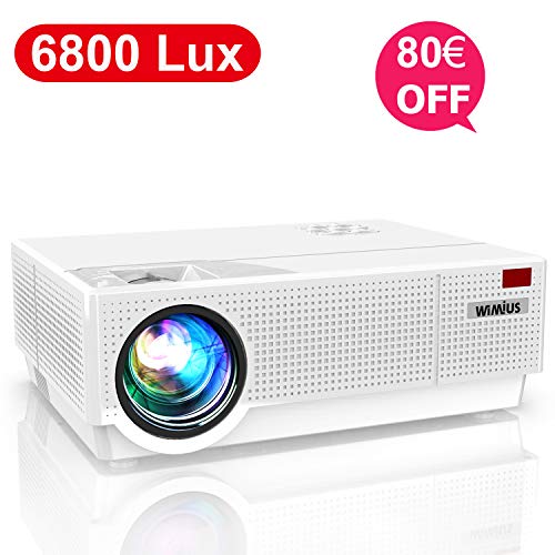 Proyector, WiMiUS 6800 Lúmenes Proyector Full HD 1920x1080P Proyector Cine en Casa Soporte 4K Contraste 9000: 1 Ajuste Digital 4D Pantalla 300" Sonido Estéreo Proyector LED 90,000H PS4 HDMI/VGA/AV/USB