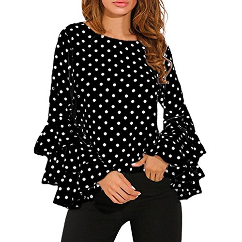 RETUROM Blusa de Invierno, Camisas de Lunares de Mangas Campana de Moda para Mujer (L, Negro)