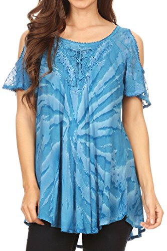 Sakkas 18723 - Blusa con Hombros Descubiertos Filipa para Mujer, Corbata con corsé y Bordado - Azul Cielo - Plus Size