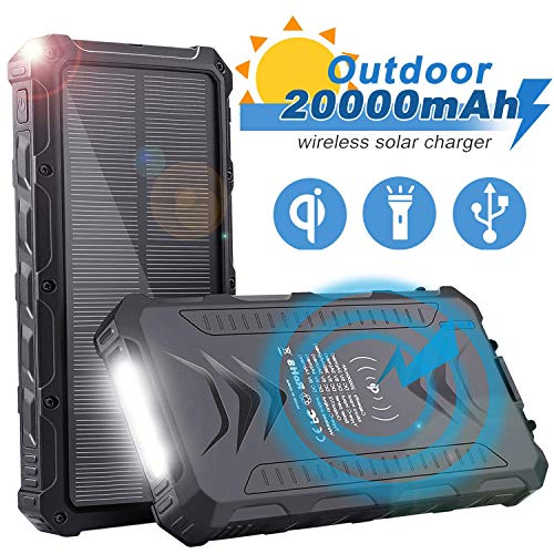 Sendowtek Batería Externa Solar 20000mAh, Batería Portátil Solar Power Bank con Cargador USB/USB C/Qi Wireles para Smartphone Tablet PC, Linterna SOS para Viajes de Campamento