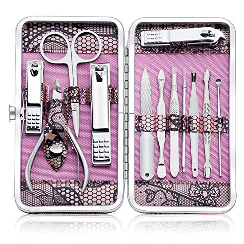 Set Manicura y Pedicura Corta Cuticulas Profesional - Cortauñas Acero Inoxidable Utensilios para Limpiador de Uñas kit Belleza 12 Piezas con Leder Caja by Keiby Citom (Rosa)