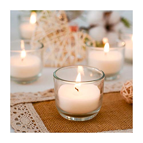 Supreme Lights Velas votivas en Vidrio Blanco, Juego de 24 hasta 5 Horas de Tiempo de combustión, Velas sin Perfume Transparentes para cumpleaños, Fiestas, Bodas, Celebraciones, hogar y Catering