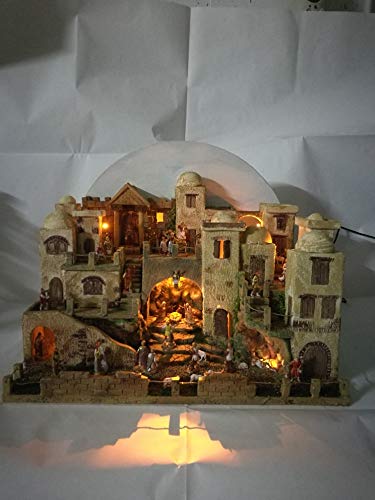 TL-COMPANY - Pesebre artesanal completo, hecho a mano, pieza única, con figuras de personajes «Capania». Casetas de luces LED profesionales de poliestireno y corcho de madera. Regalo de Navidad.