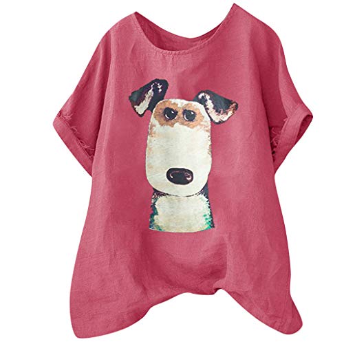 TUDUZ Blusas Mujer Manga Corta Verano Camisas Camiseta de Algodón y Lino con Estampado de Perro de Dibujos Animados (Rosa Caliente, L)